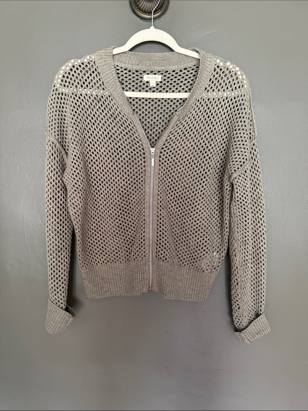 Pilcro Open-Weave Zip Cardigan in Taupe-Grey
